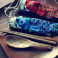 WUSANG 木质餐具便携套装 勺子筷子鱼布袋日本餐具套装 鱼旗套装