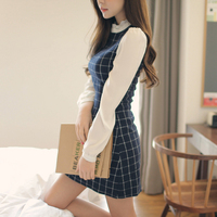 2015秋装韩版修身长袖格子打底衫拼接纯棉针织中长款衣裙小衫女装