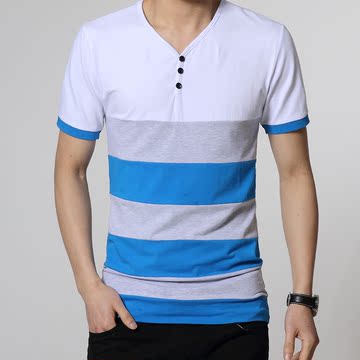 2015夏装新款短袖t恤男韩版时尚条纹v领男士短袖T恤打底衫大码潮
