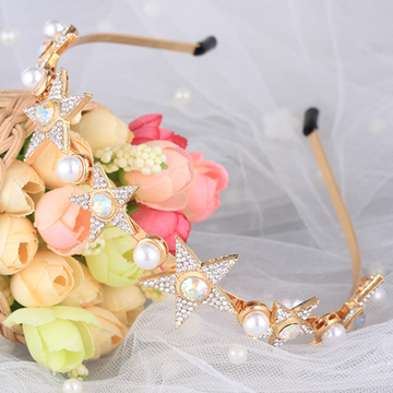 韩版新款巴洛克复古新娘水钻珍珠镶钻五角星合金金属发箍头饰包邮