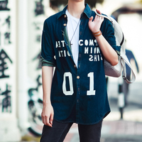 秋季新款时尚潮流韩版修身字母印花休闲英伦男士复古牛仔长袖衬衫