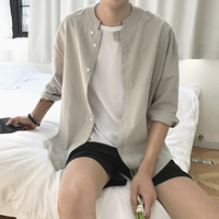 夏季休闲亚麻衬衫男韩版修身竖条纹长袖棉麻料立领白衬衣潮薄款