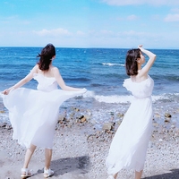 泰国海边度假沙滩裙2017新款连衣裙一字肩飘逸白色长裙海滩裙仙女