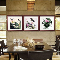 有框画现代简约客厅装饰画中式餐厅饭厅三联画水墨荷莲花墙挂壁画