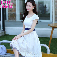 2015夏装新款连衣裙女韩版修身高腰中长款纯色短袖A字裙蕾丝花边