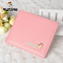 啄木鸟新款韩版可爱女士钱包短款真皮正品蝴蝶粉色超薄钱包送卡包
