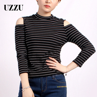 UZZU打底衫潮2016秋冬新款黑色女装修身显瘦弹力针织T恤条纹上衣