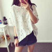 2016韩版夏季新款女装彩色喷墨破洞上衣潮学生装宽松大码短袖t恤