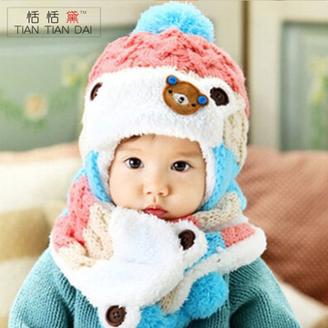 韩版冬季新款麻花小熊贴标儿童帽子 儿童加绒护耳毛线套帽