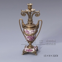 美式欧式仿古手绘红色花卉陶瓷铜雕花瓶形烛台装饰摆件家居饰品