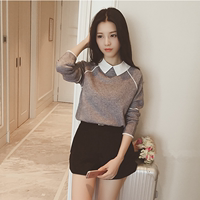 冬季新款韩版女装短款修身娃娃领毛衣外套头螺纹针织衫条纹打底衫