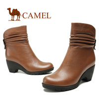 Camel骆驼正品皮鞋女 冬保暖中筒靴 头层牛皮绒里侧拉链坡高跟鞋