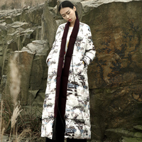 界内界外加厚过膝超长款羽绒服冬季女式原创中国风印花白鸭绒外套