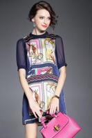 月光石欧洲站女装2015夏季新款时尚印花立领短袖修身连衣裙4745