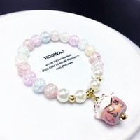 韩国进口时尚旺夫爆晶石招财猫手链单圈手串彩色珠子女士创意礼物