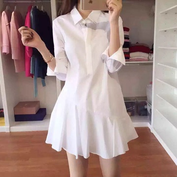 欧美女装2016春装新款连衣裙长袖白色衬衫中长款修身衬衣裙波浪摆