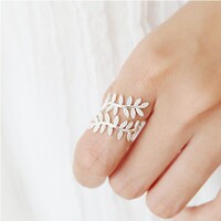 时尚韩版S925银戒指 树叶子镶钻开口戒指可调节指环 饰品