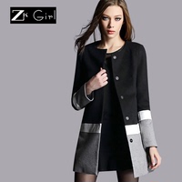 ZK Girl2016秋冬季新款女装撞色拼接毛呢外套显瘦羊毛呢子大衣潮