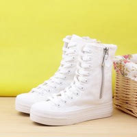 2015新款韩版帆布高帮鞋厚底松糕休闲女鞋子学生鞋白色高筒布鞋