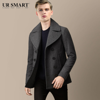 URSMART新品短款羊毛混纺男大衣外套正品人气短款海军呢大衣