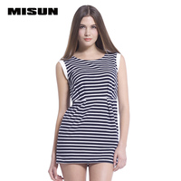 MISUN米尚2015夏季新款条纹拼接舒适性感圆领修身短款连衣裙