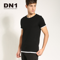 DN1品牌短袖T恤男 假两件圆领青年体恤潮牌纯棉韩版修身男T恤潮