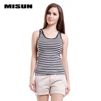 MISUN米尚2015夏季新款条纹运动款无袖连帽短款小衫背心