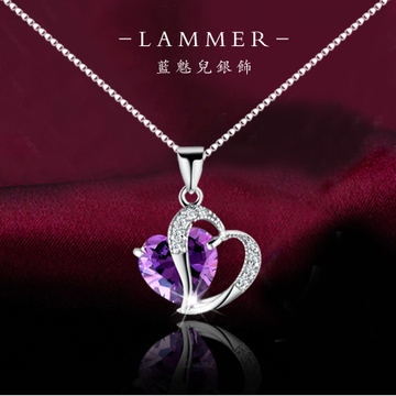 特价925纯银项链天然紫水晶爱心形女短款锁骨银饰品时尚生日礼物