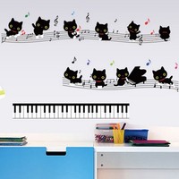 黑猫钢琴五线谱音符 音乐教室布置墙壁装饰贴艺术创意墙贴纸7253