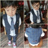 男童马甲套装 英伦格子儿童款2015秋韩版童装 宝宝两件套马夹裤子