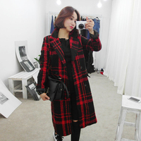 代购冬季新款韩版复古红黑格纹呢子大衣双排扣长款羊毛呢外套女潮