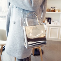 韩国代购2015春季新款银色亮面手提斜跨方形小包包时尚女包斜挎包