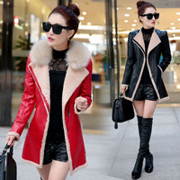 2015冬季新款韩版女装加绒皮衣女士修身外套中长款皮风衣PU皮大衣