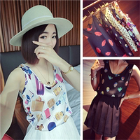 2015夏新款女装韩版时尚显瘦印花绸缎雪纺背心吊带上衣女生特价