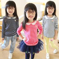 童装2015秋韩版纯棉条纹女童百搭蕾丝领长袖T恤儿童打底衫上衣