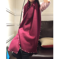 秋冬新款韩版时尚的围巾 手工缝制珍珠优雅钉珠仿羊绒披肩围巾