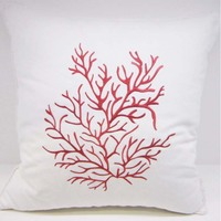 贴布绣抱枕红色 珊瑚图案白色样板房高档沙发靠垫套 简约现代风格