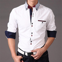 纯色职业衬衫韩版修身双扣长袖衬衣正品男士白色商务正装休闲上衣