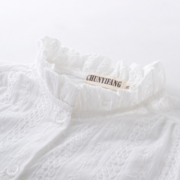 拾月。2016秋冬新款花边小立领纯棉白色长袖衬衫刺绣女士打底衬衣