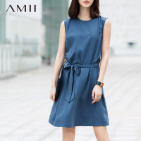 AMII及简2015夏新品宽松通勤X型系腰带莱赛尔大码连衣裙