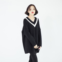 AZOOM/秋冬新款 韩国订单宽松套头条纹V领毛衣 女简约设计中长款