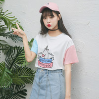 包邮学院风短袖体恤女拼色卡通独角兽韩版打底衫学生半袖T恤小衫