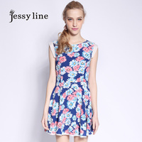 jessy line2015夏装新款 杰茜莱田园风印花修身显瘦雪纺连衣裙女