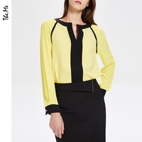 Theme女长袖衬衣2016秋装新品黑黄撞色圆领时尚都市半开领雪纺衫