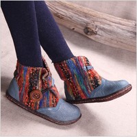 2015秋冬新款民族风毛线靴手工缝制牛皮平跟印花森女短靴棉靴