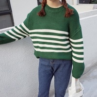[XDDD]实拍ulzzang韩国订单学院风圆领宽松长袖条纹毛衣针织衫女
