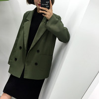 [SUSU]秋季新款韩版女装外套中长款双排扣长袖西装领大口袋女上衣
