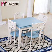 小户型餐桌椅 组合蓝色地中海实木餐桌可伸缩折叠饭桌美式乡村