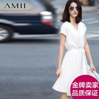 AMII艾米女装及简2015夏新品纯色V领系带腰前搭片雪纺大码连衣裙