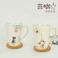 卡通可爱手绘猫喵咪带盖勺一对杯情侣马克杯咖啡磨砂陶瓷杯水杯子